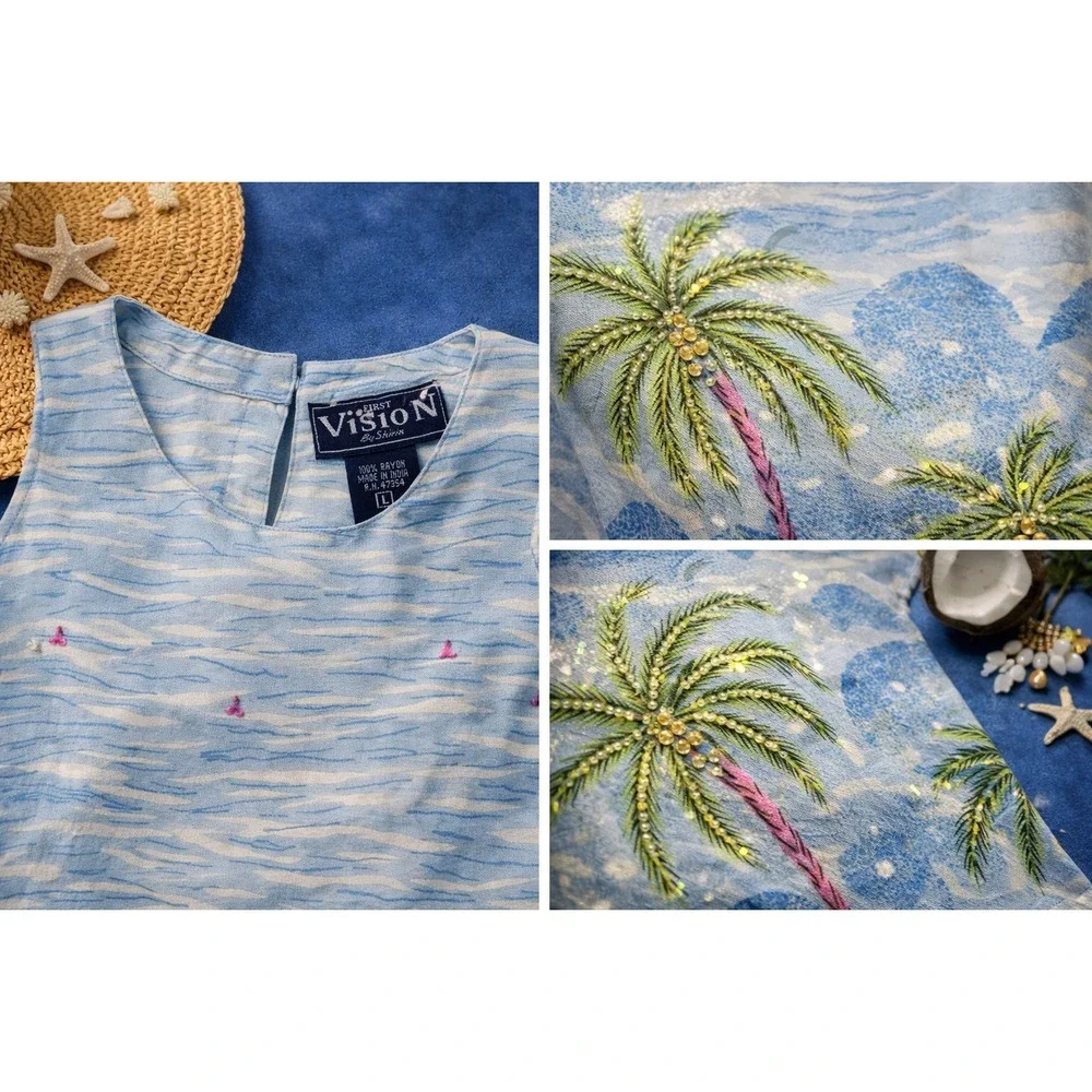 First Vision by Shirin Tropical Palm Tree Dress Sequin Beach Vacation Midi Large - Picture 3 of 3